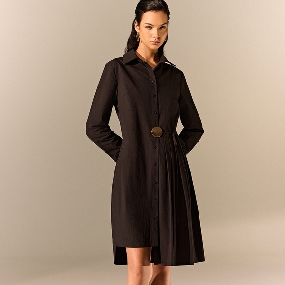 Commense Dresses & Skirts - Commense Asymmetric Pleated Hem Black Shirt Dress with Gold Buckle size XS ❤️